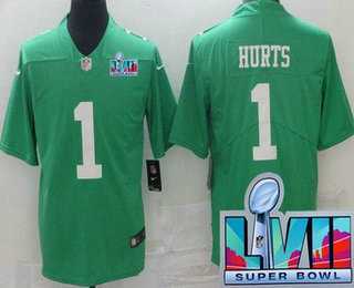 Men's Philadelphia Eagles #1 Jalen Hurts Limited Green Rush Super Bowl LVII Vapor Jersey